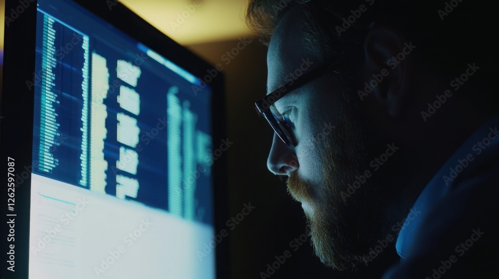 Poster a focused european man with glasses working intently on a computer screen filled with code, highligh