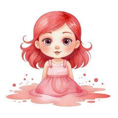 Cute illustration of a young girl with pink hair and dress sitting in pink paint.