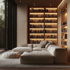A cozy living room featuring a large bookcase and couch