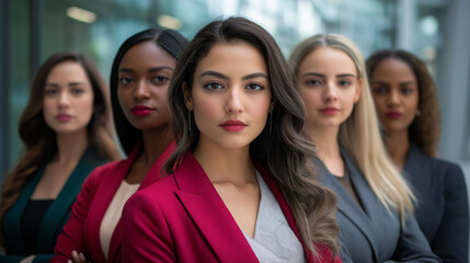 Fototapeta premium A diverse group of women stands confidently in business casual attire, representing a blend of professionalism and individuality