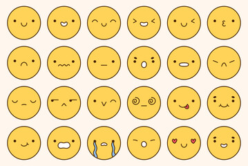 Fototapeta premium A big emoji set with different facial expressions. Yellow characters with happy, joyful, disappointed, sad, surprised,angry, playful mood. Vector doodle illustration.Perfect for social media, stickers