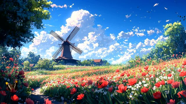 Traditional windmill standing in a vibrant tulip field under a bright blue sky. Nature landscape concept. Seamless looping 4K time-lapse animation video background