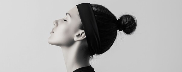 Minimalistic, black and white photography of young woman with her hair in bun, wearing headband, in profile view looking up, banner with copy space. Suitable for sport, yoga and fitness advertising. 
