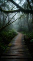 Fototapeta premium Wooden boardwalk winding through dense rainforest, lush ferns, moss draped trees enveloping path vanishing into misty green wilderness of Pacific Northwest