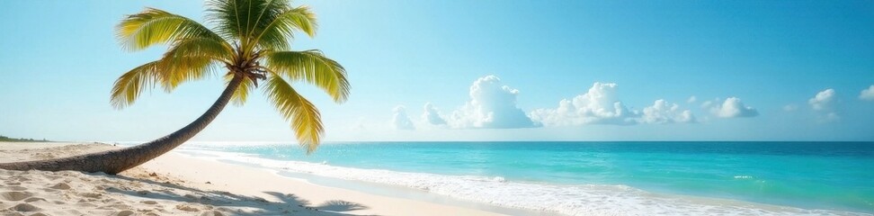 Fototapeta premium Lone palm tree leans over tranquil ocean waves, sandy beach , green, sand dune, sunset