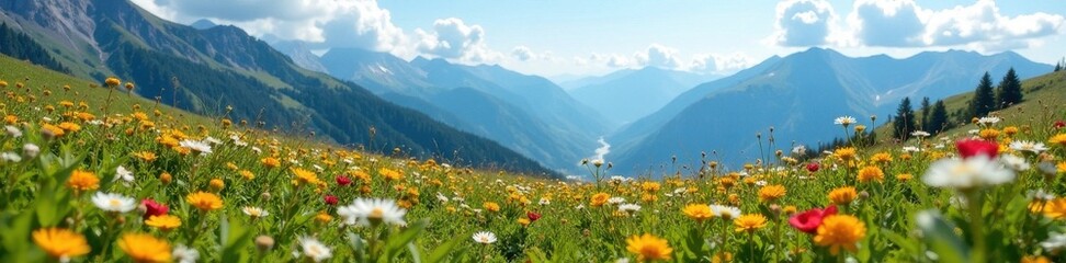 Fototapeta premium Lush carpet of wildflowers blankets a high mountain meadow , nature, purple flowers