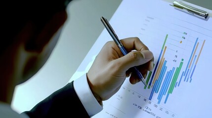 A close-up of a hand holding a pen, analyzing colorful graphs on a sheet of paper. The focus is on business data presentation.