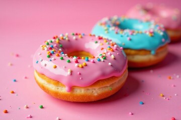 Luscious donuts, vibrant icing, rainbow sprinkles on pink , background, candy