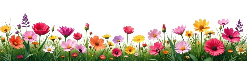 Fototapeta premium Lush cluster of wildflowers, bright hues, pure white backdrop , flora, pastel