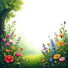 Lush greenery, assorted wildflowers, stark white backdrop , high resolution, leaves