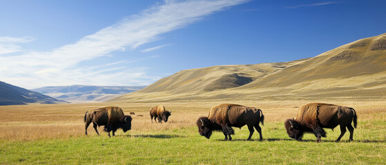 A serene landscape featuring a herd of bison grazing on grassy plains under a clear blue sky with rolling hills in the background.