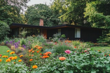 A vibrant garden encircles a contemporary home, set against a backdrop of lush greenery, all bathed in the warm glow of a sunny day
