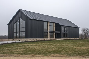 Obraz premium Elegant modern farmhouse situated in a rural landscape showcasing large windows and contrasting materials under a cloudy sky