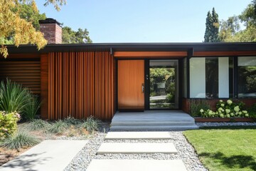 Modern architecture showcases sleek design and natural elements at a home entrance surrounded by lush landscaping in bright sunlight
