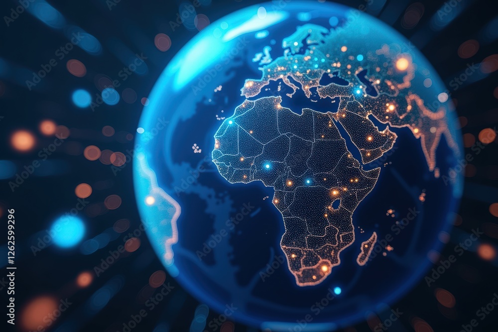 Poster a detailed 3d representation of earth highlighting africa with connected data points, symbolizing gl