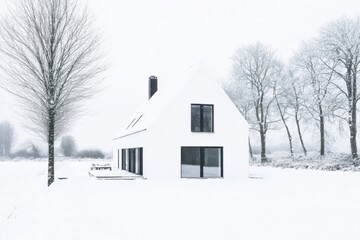 A contemporary house blanketed in snow is nestled among towering trees, creating a picturesque winter scene filled with heavy snowfall