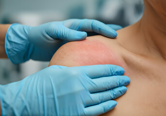 Doctor in blue medical gloves examining a skin rash on a Caucasian woman's shoulder during a thorough clinic evaluation, focusing on potential causes and treatments