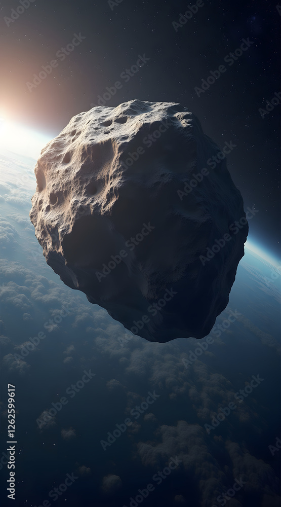 Poster a large asteroid floats in space above the earth, illuminated by sunlight, showcasing textures and d