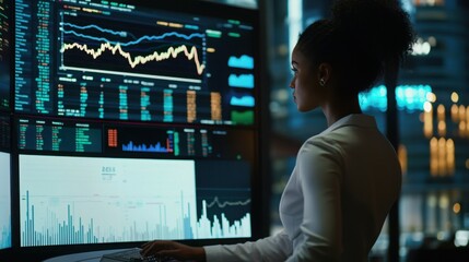 A focused african businesswoman stands before multiple screens displaying financial data, reflecting her analytical prowess in a modern office environment.
