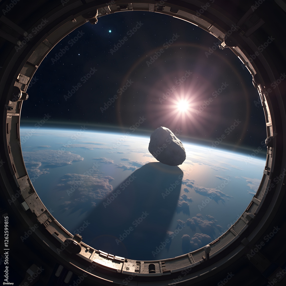 Poster a stunning view from a spacecraft window showcasing a distant asteroid hovering above a blue planet 
