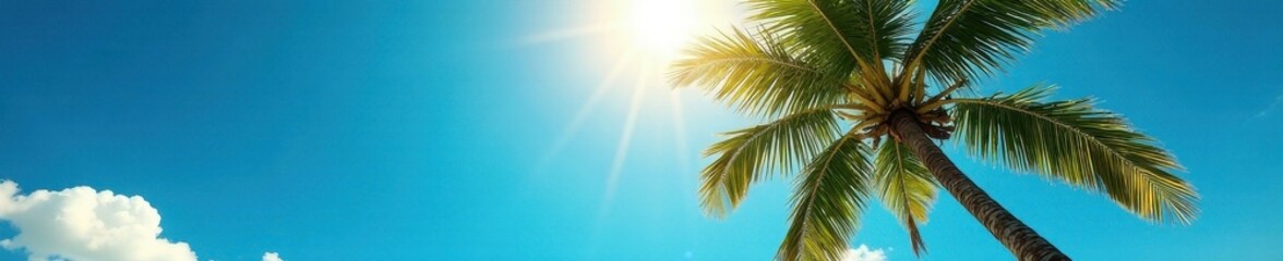 Majestic palm reaching for azure sky, sunlit leaves, background, leaves