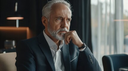 A thoughtful elderly man, likely of European descent, with a beard, dressed in a suit, sits pensively in a modern interior space.