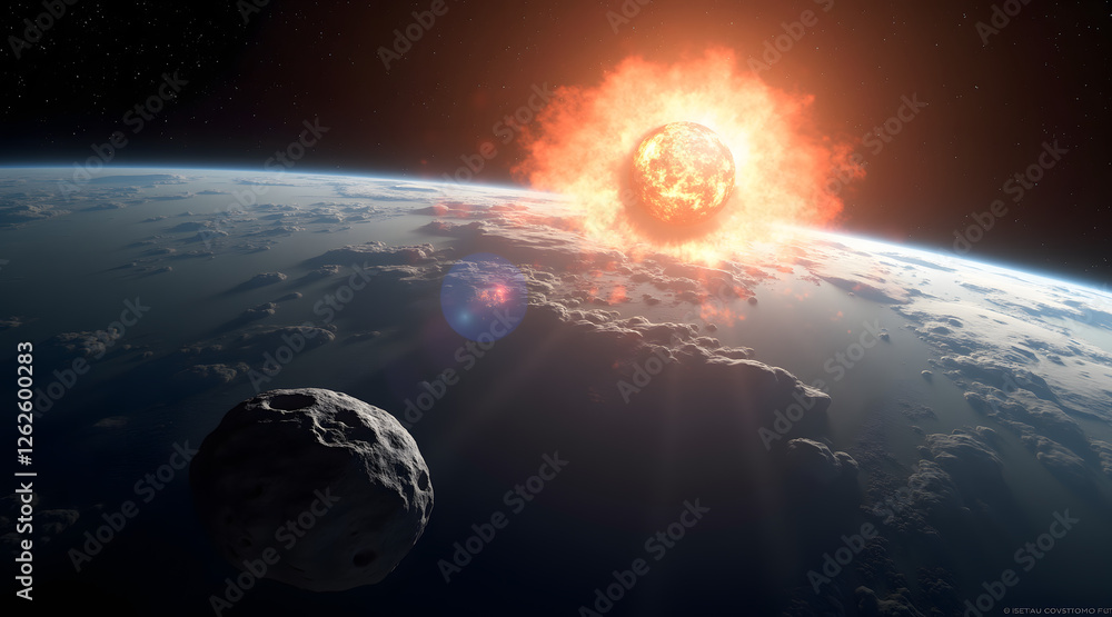 Poster a stunning view of a celestial landscape featuring a massive sun exploding in the background with a 