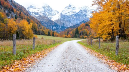 Naklejka premium Autumnal road, snow-capped mountains, fall foliage, nature landscape, travel poster