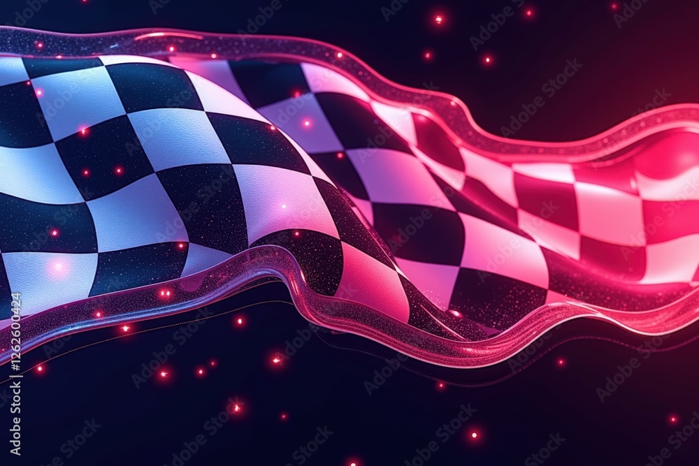 Poster vibrant checkered flag in motion: a colorful representation of racing and competition flares against