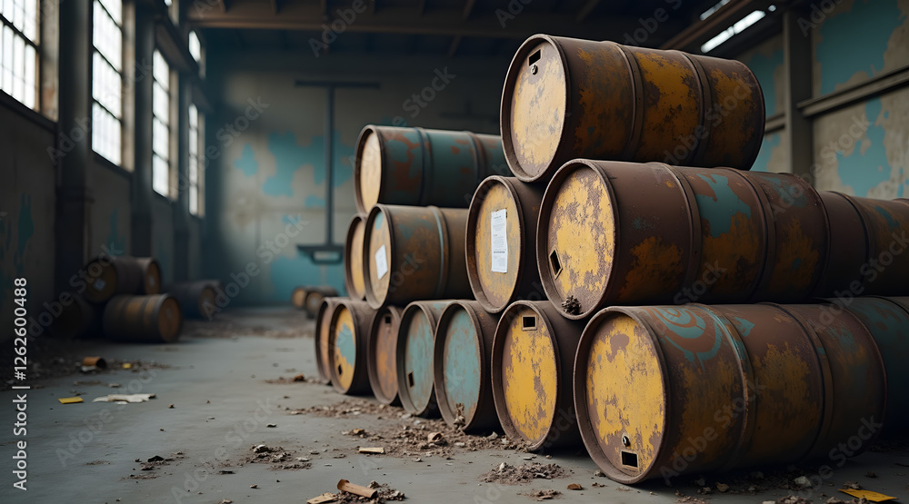 Poster rusty barrels stacked in a dilapidated industrial space with peeling walls and debris scattered on t