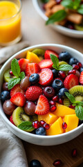 A beautifully arranged fruit salad in a white ceramic bowl, featuring strawberries, blueberries, kiwi, mango, grapes, and pomegranate seeds, garnished with fresh mint leaves for a vibrant and refreshi
