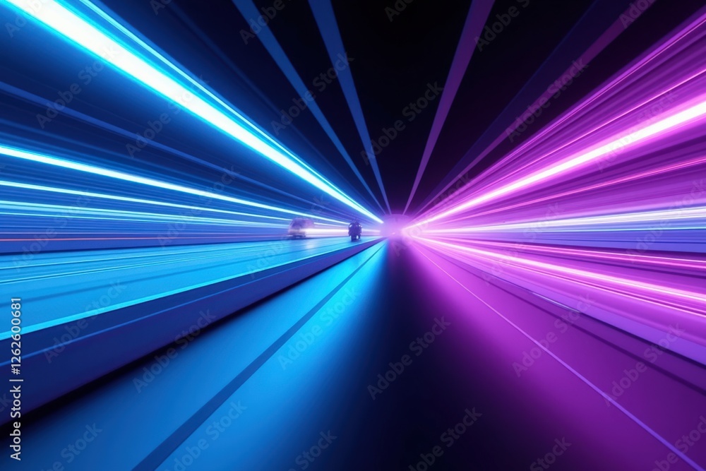 Poster a dynamic display of colors: a vibrant abstract light trail with blue and purple stripes evoking spe