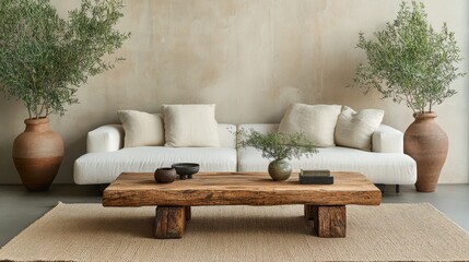 Modern minimalist interior with elegant decor. Cozy sofa and rustic furniture create a relaxing space. Indoor plants and contemporary style reflect serene livingroom design for home tranquility.