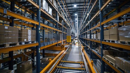 Fototapeta premium Warehouse with organized storage racks filled with shipping packages