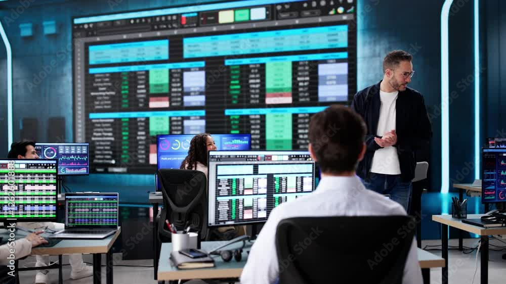 Poster executive giving spreadsheet training presentation with data
