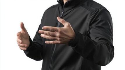 A person in a black jacket is gesturing with their hands against a plain white background, creating a neutral and isolated atmosphere.