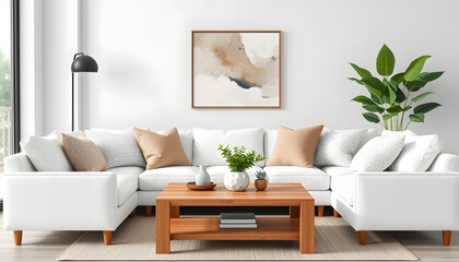 Modern living room interior with a cozy white sofa, textured pillows, and a wooden coffee table. Decor includes potted plants, abstract artwork, and natural elements. Stylish home decor. Template, h