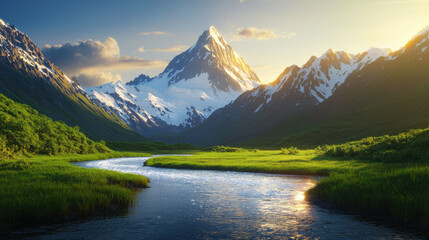 serene landscape featuring majestic mountain, lush green valleys, and winding river reflecting sunlight. scene captures beauty of nature in tranquil setting