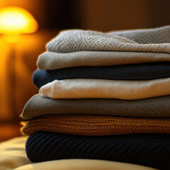 Neatly folded stack of fresh smelling clothes in warm lighting, creating cozy atmosphere. Perfect for relaxing evening at home