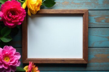 Overhead view, vibrant blooms & framed photo on rustic wood , closeup, art