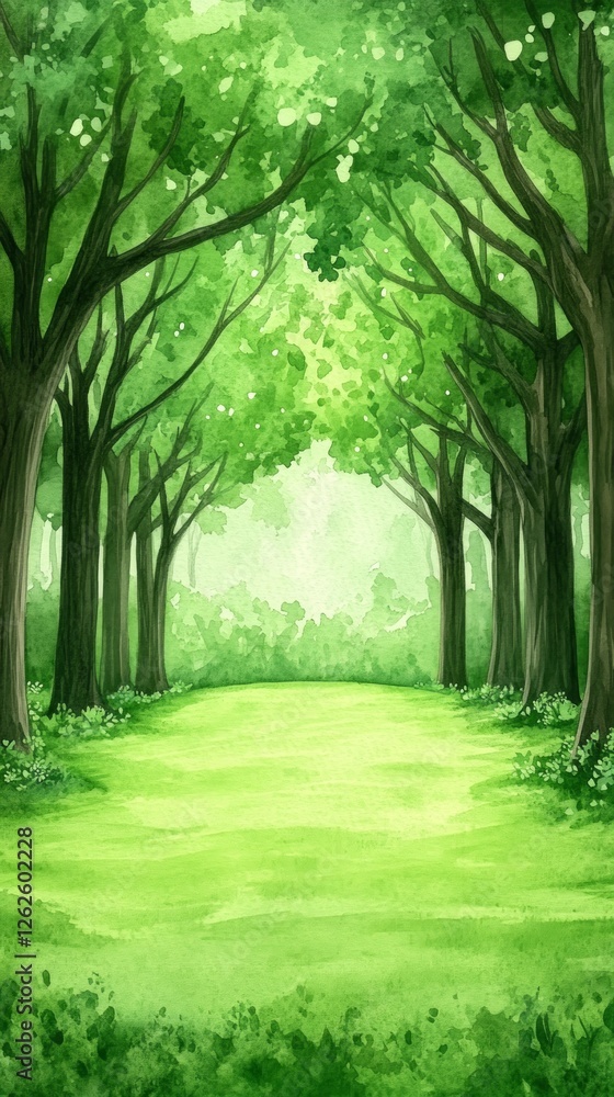 Poster a peaceful path through a vibrant green forest, surrounded by tall trees and soft grass, creating a 