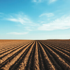 Neatly arranged rows of freshly plowed soil under clear blue sky create serene agricultural landscape. minimalist view emphasizes beauty of farming