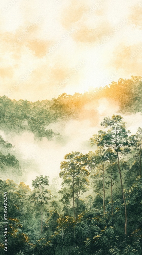 Poster soft sunlight filters through the mist, illuminating dense foliage and creating a serene atmosphere 