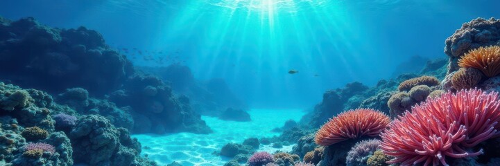 Fototapeta premium Deep blue ocean waves gently lap at coral reef, schools of fish swim in the background, reef, sea, life