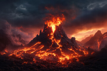 Fototapeta premium dramatic volcanic eruption with flowing lava and dark clouds, showcasing nature raw power and beauty. fiery landscape evokes sense of awe and intensity
