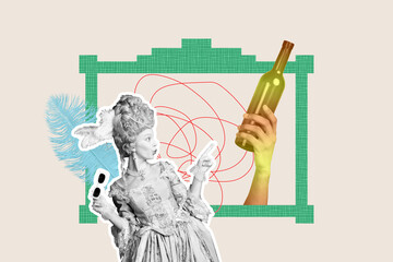 Fototapeta premium Contemporary poster trend art collage of astonished countess girl point hand hold wine bottle beverage sunglass bar drink