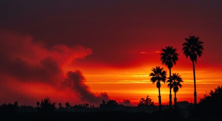 Obraz premium Fiery Sunset Palm Trees Silhouette Dramatic Sky Orange Red Hues Landscape