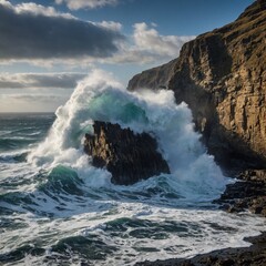 Dramatic sea cliffs: Waves crash against the base, the rocky face rising sheer and imposing.