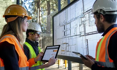Engineers collaborating on construction plans in a modern workspace surrounded by trees