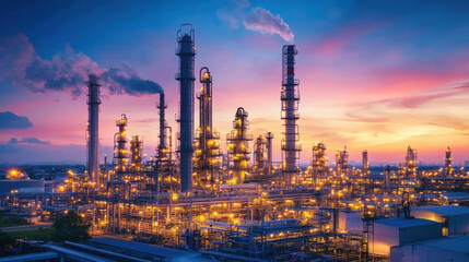 Fototapeta premium expansive industrial refinery illuminated by sunset, showcasing towering smokestacks and intricate piping against vibrant sky